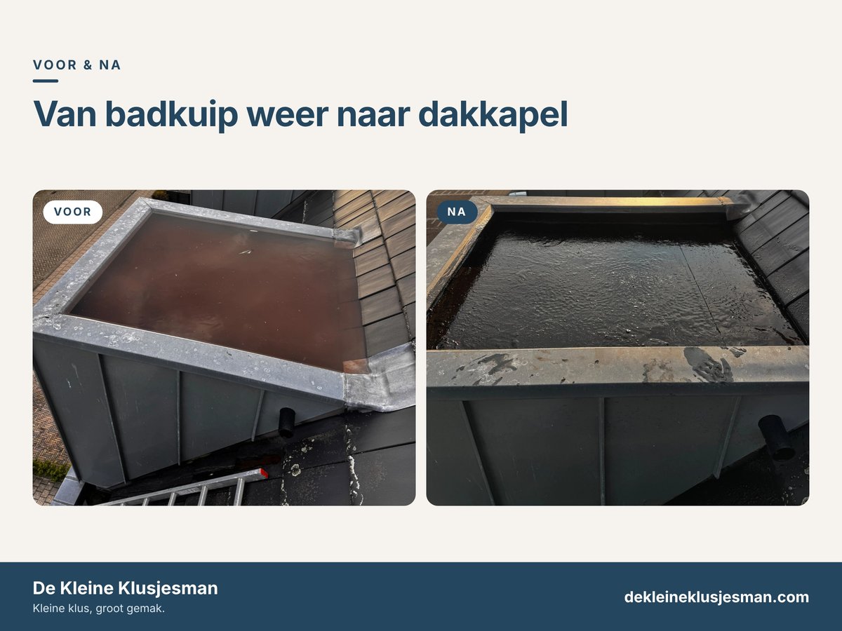 Voor en na: een dakkapel vol bruin regenwater, en daarna leeggelopen en schoongemaakt