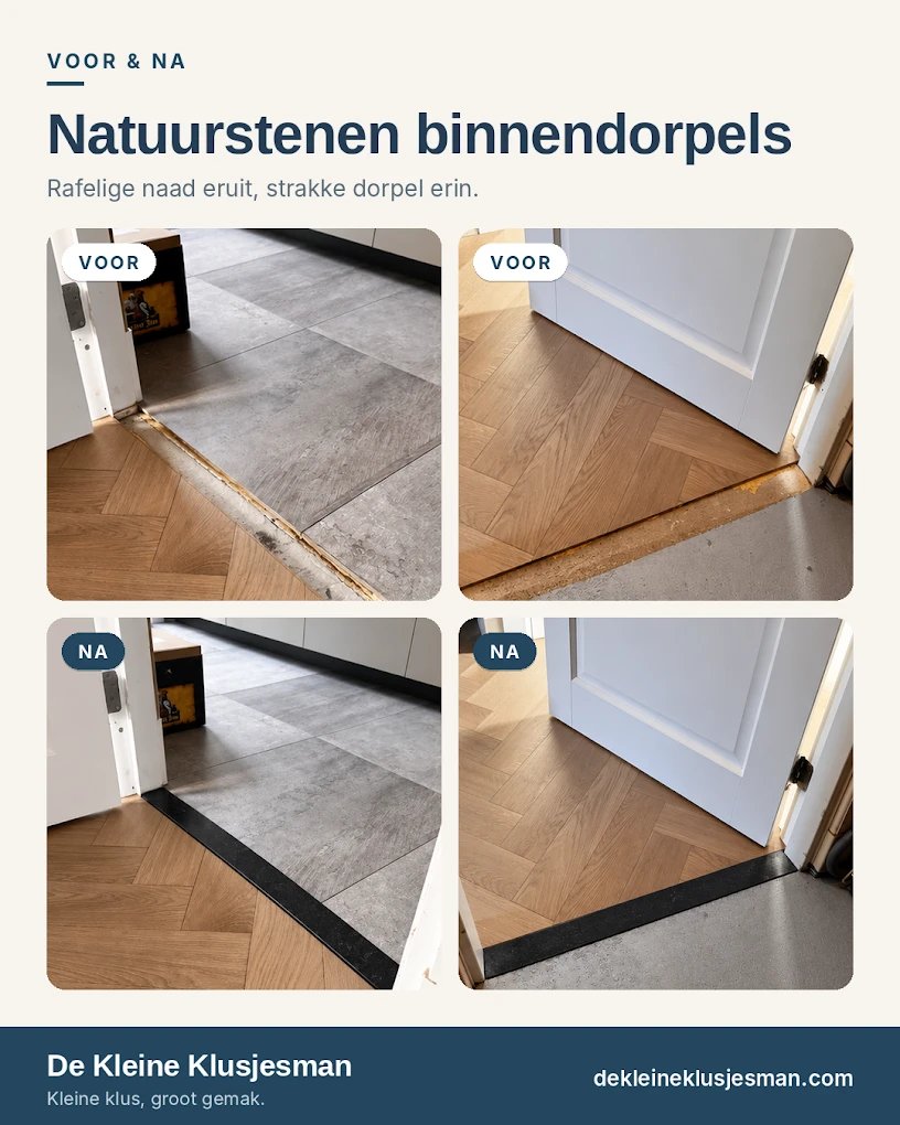Voor en na: een rafelige naad tussen twee vloeren en daarna een strakke natuurstenen dorpel