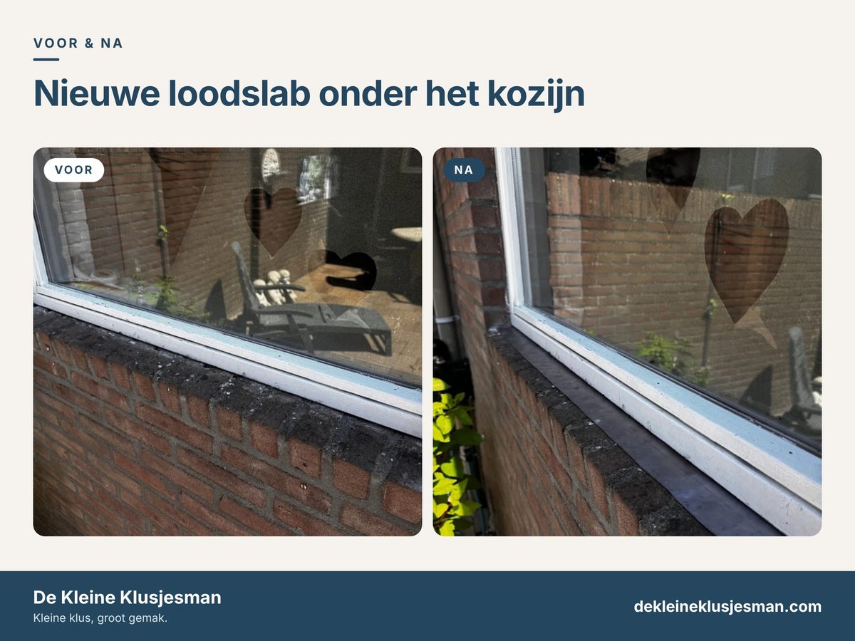 Voor en na: de losse aansluiting tussen kozijn en waterslag, en daarna de nieuwe loodslab