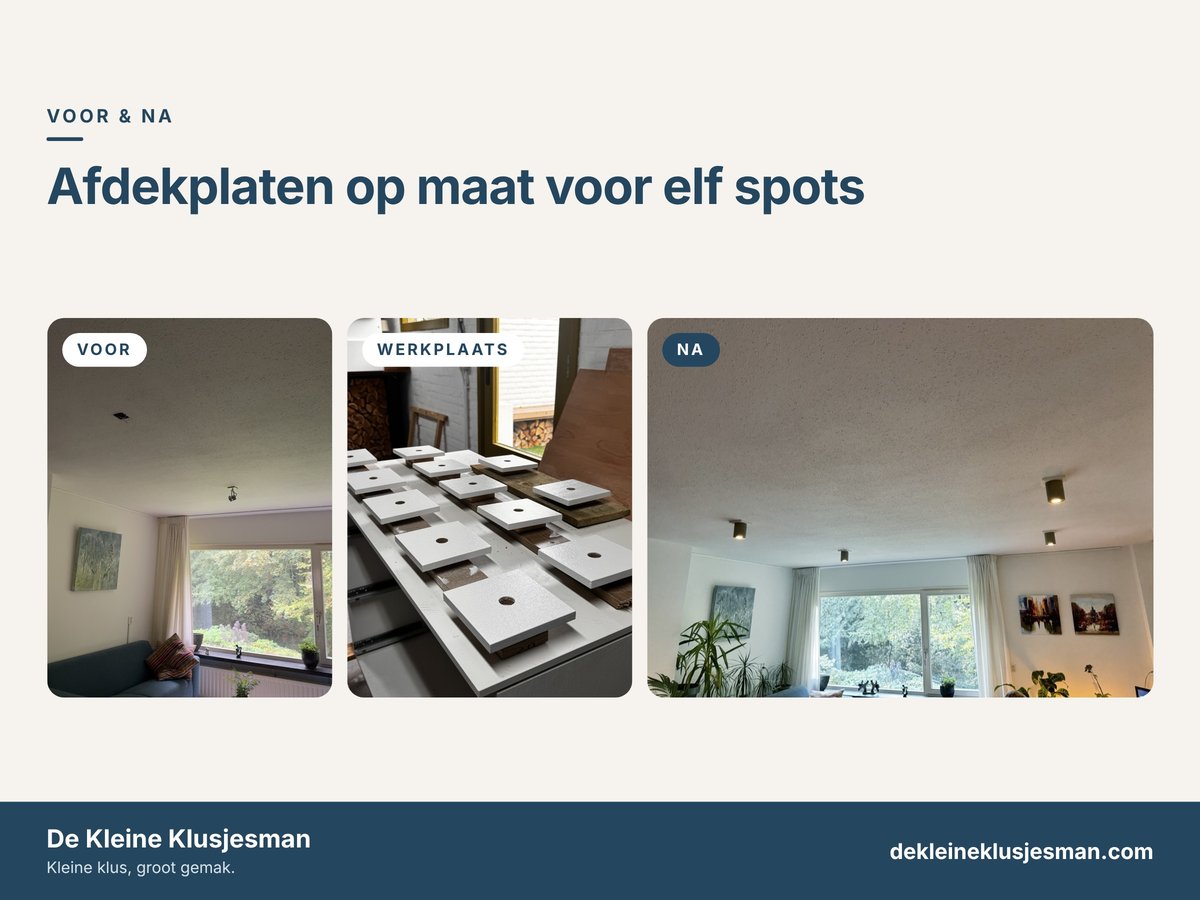 Voor, in de werkplaats en na: oude spots aan het plafond, wit gelakte afdekplaten en de woonkamer met de nieuwe spots