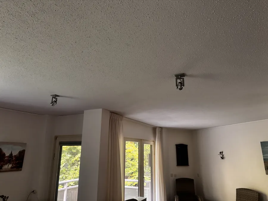 Voor: de oude spots aan het korrelige plafond van de woonkamer